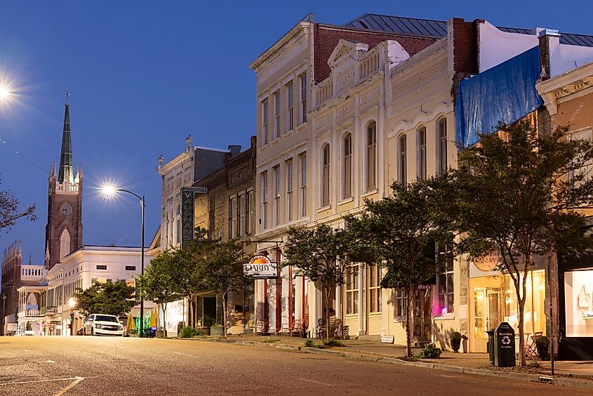 Twilight light over a quiet downtown Natchez, Mississippi