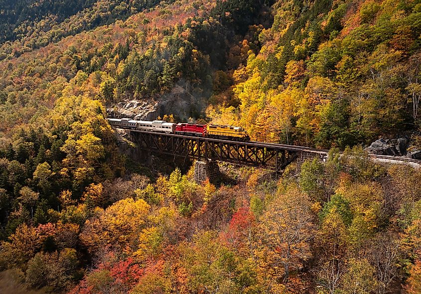 A scenic train crossing the Trestle Bridge in North Conway, New Hampshire.