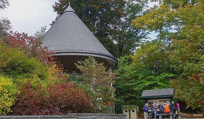 Visitors at the entrance to Grey Towers, former home of Gifford Pinchot, a National Historic site.