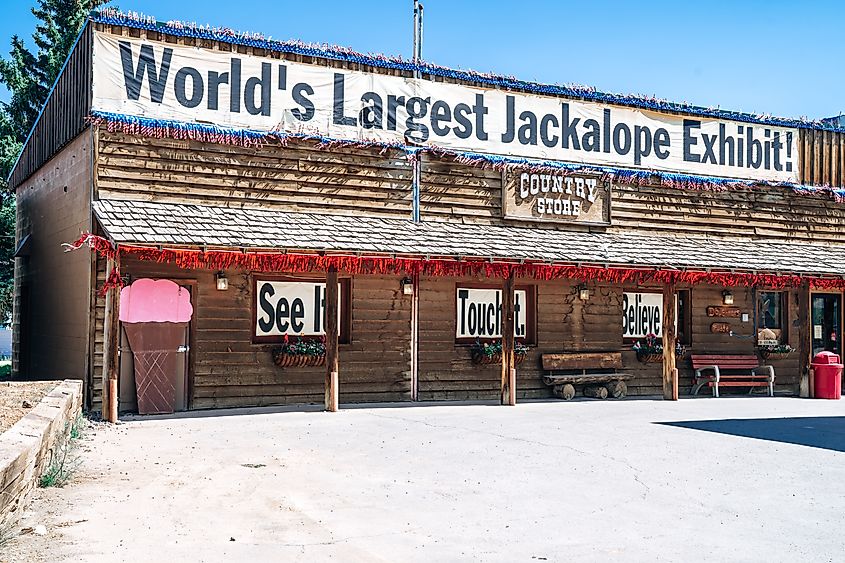 Exterior of the Country Store Travel Stop gas station in Dubois, Wyoming, featuring the famous World's Largest Jackalope, with gifts and ice cream for sale