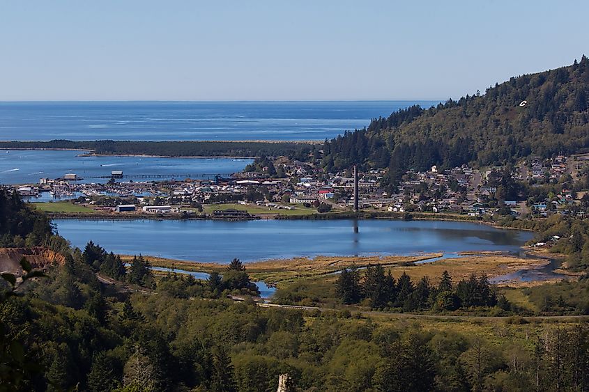 Aerial view of the charming town of Tillamook, Oregon.