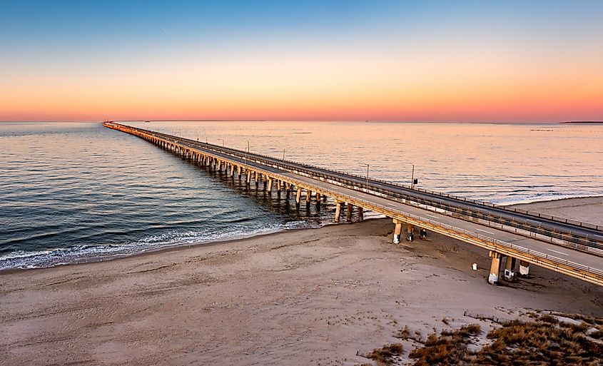 Aerial panorama of the Chesapeake Bay Bridge Tunnel at sunset