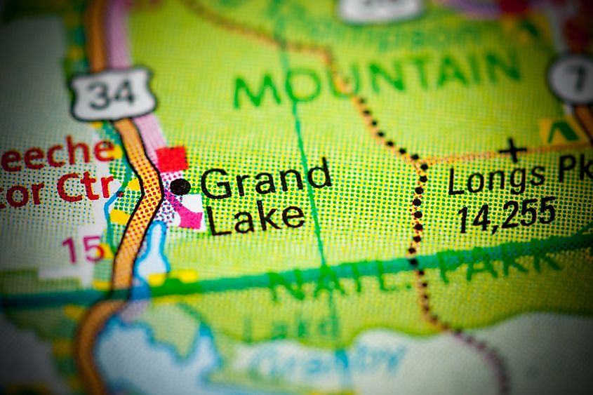 Grand Lake, Colorado, located on a map in the Rocky Mountains region of the United States