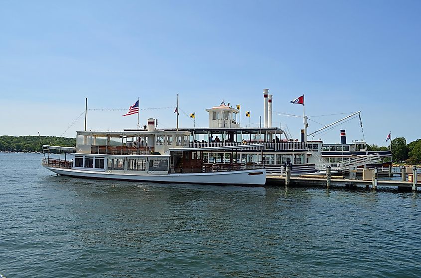 Boats along the lake in Lake Geneva, Wisconsin.