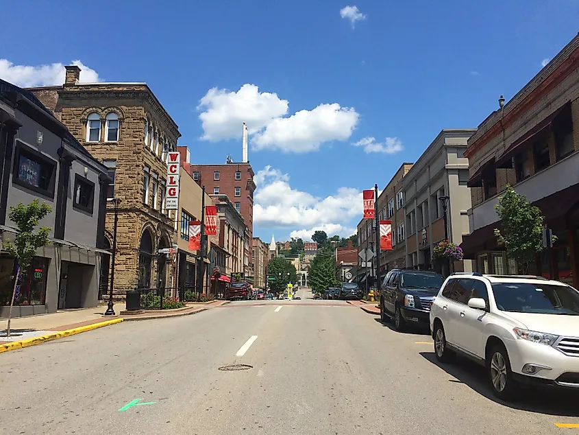 High Street (US 119) between Walnut and Fayette Streets in downtown Morgantown, West Virginia.