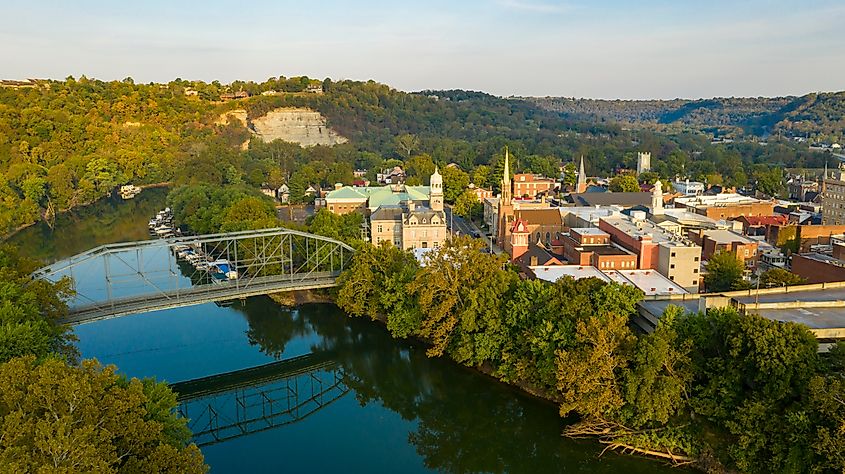 The Kentucky River meanders along framing the downtown urban core of Frankfort, KY.