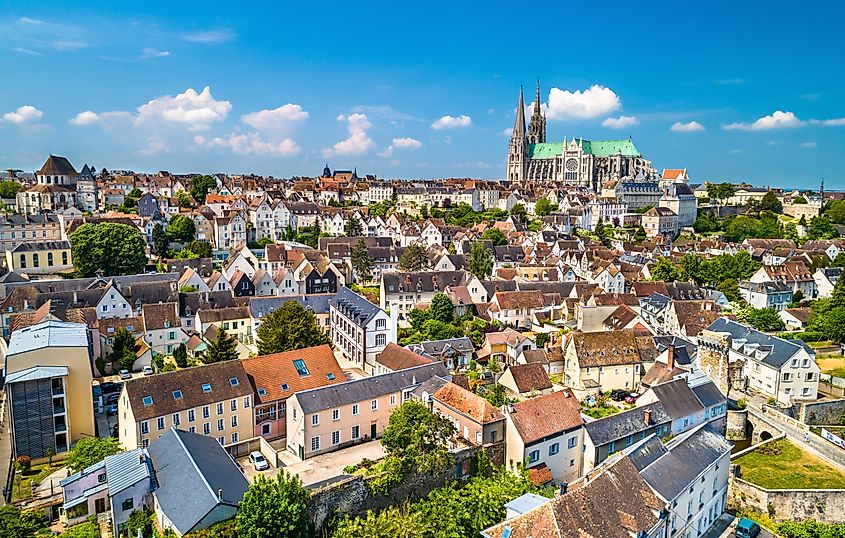 Aerial view of Chartres city with the Cathedral of Our Lady. A UNESCO world heritage site in Eure-et-Loir department of France.
