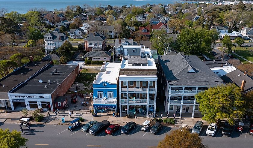 Aerial view of businesses on Mason Avenue in Cape Charles, Virginia