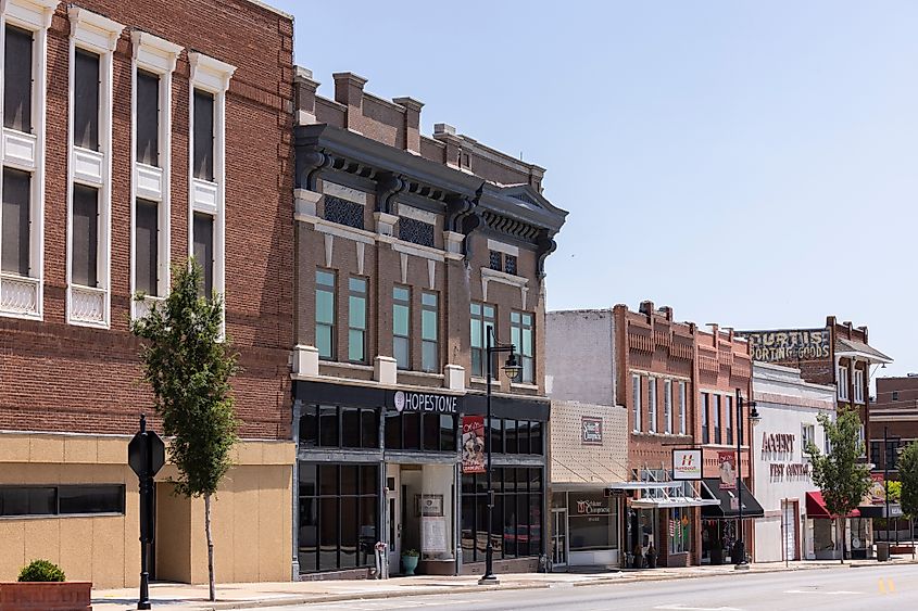 Afternoon sunlight shines on the historic buildings in the downtown urban core of Bartlesville. Editorial credit: Matt Gush / Shutterstock.com