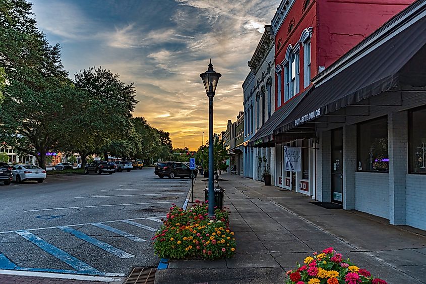 Scenic view of historic downtown Eufaula at sunset.