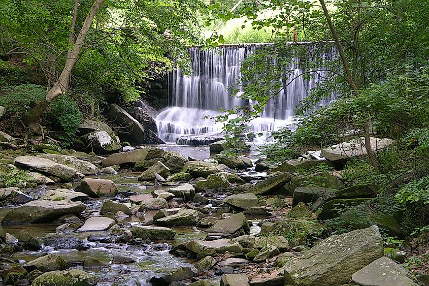 Picture of a waterfall on the Rock Run in the Susquehanna State Park in Maryland.
