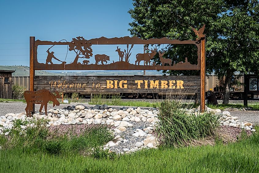 Sign welcoming visitors to the small town of Big Timber, Montana, located just off Interstate 90.