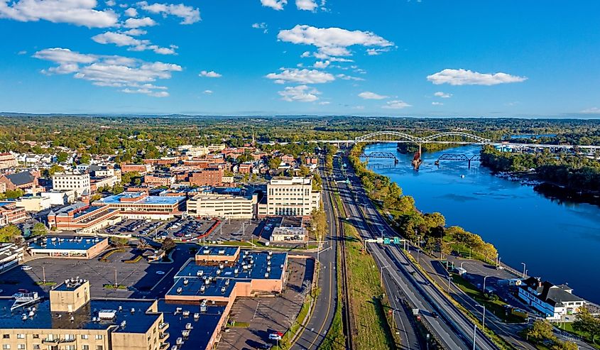 Middletown, CT aerial photo of Route 9, Arrogoni Bridge, and downtown shopping strip