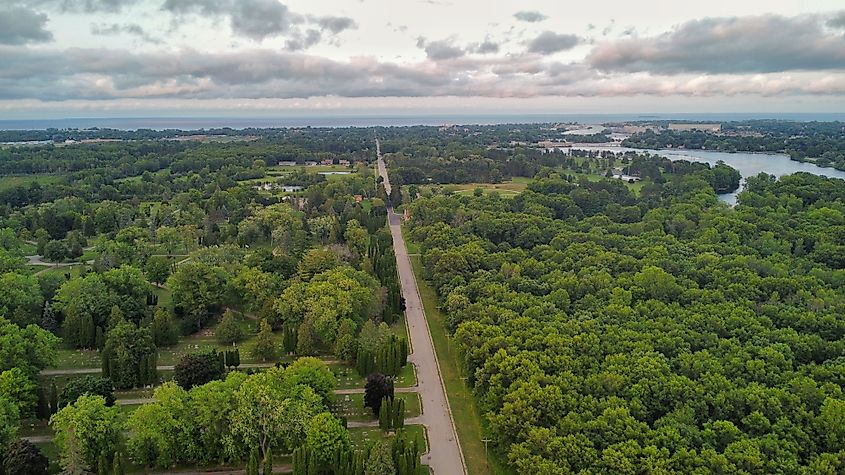 Menominee and Marinette Wisconsin looking towards Lake Michigan.