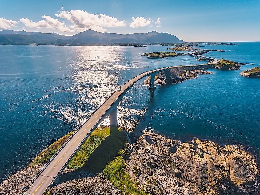 Aerial drone shot of the world famous Atlantic Road in Norway. Image credit: Dmitry Tkachenko Photo/Shutterstock.com