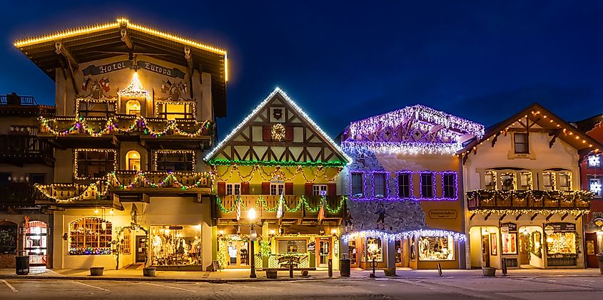 Leavenworth, Washington, USA, decorated with lights for the winter holidays. Editorial credit: Mark A Lee / Shutterstock.com