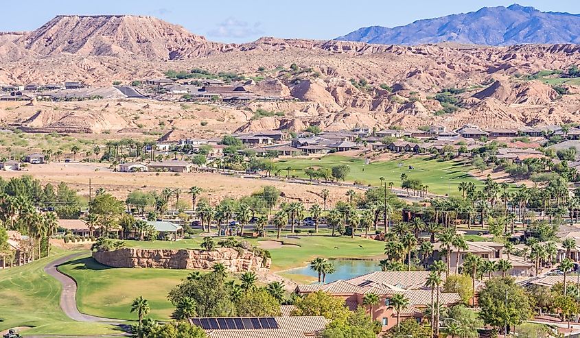 Picturesque Mesquite, Nevada, nestled in a valley amongst mesas and mountains.