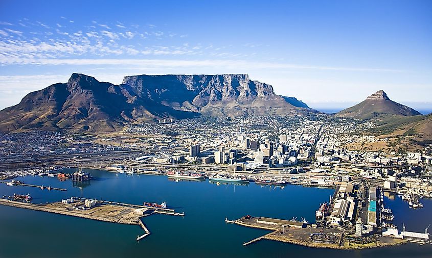 Aerial view of Cape Town city centre, with Table Mountain, Cape Town Harbour, Lion's Head and Devil's Peak