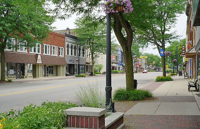 Rustic buildings lined along a street in Greenville, Michigan.