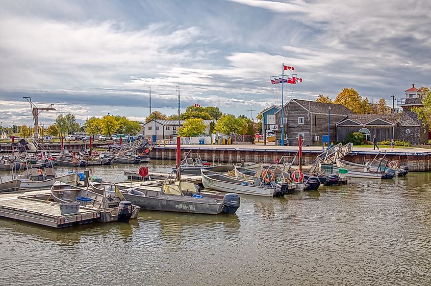 Boats near a small pier in Gimli, Manitoba, Canada.