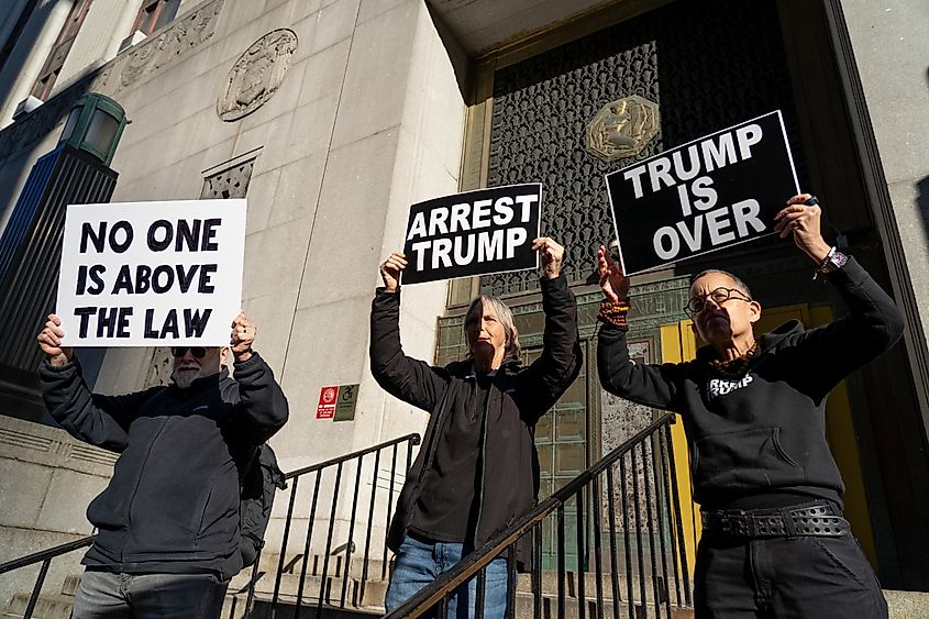 2023 Protestors against Former President Trump, who faced court cases after his presidency for potential breaches of the law. Image Credit Meir Chaimowitz via Shutterstock.