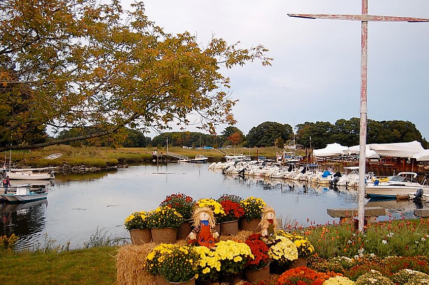 A marina on the Essex River in Essex, Massachusetts, in early autumn.