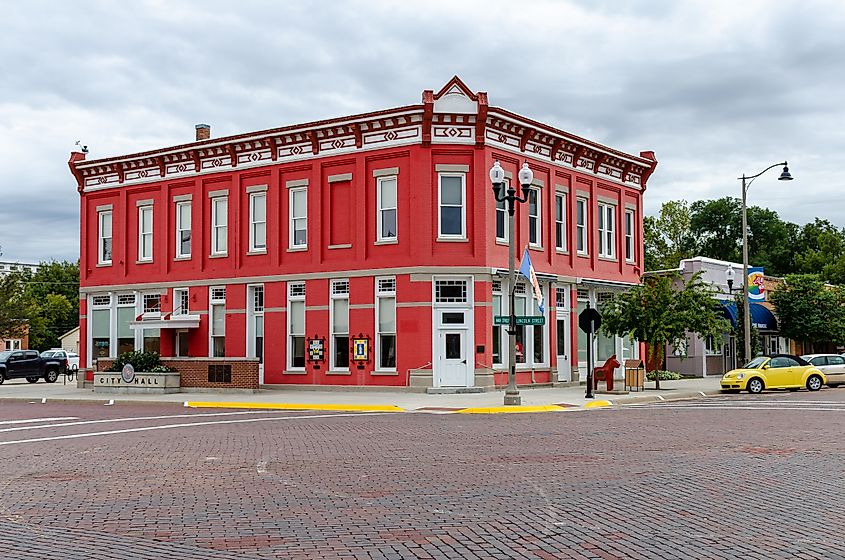 The original Farmers State Bank building in Lindsborg, Kansas, USA, now home to City Hall, sporting a bright red coat of paint.