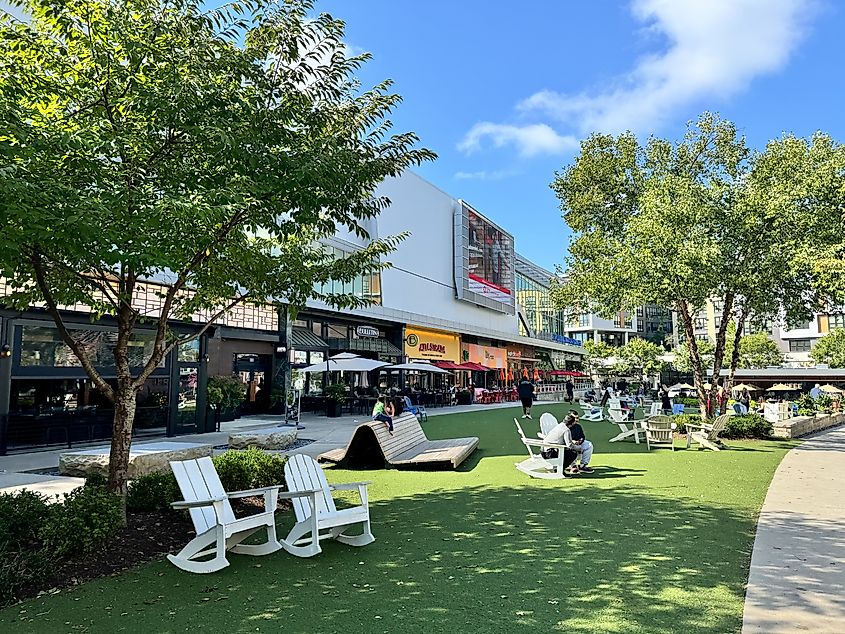 Outside at the Mosaic District, a shopping and lifestyle town center in Vienna, Virginia.