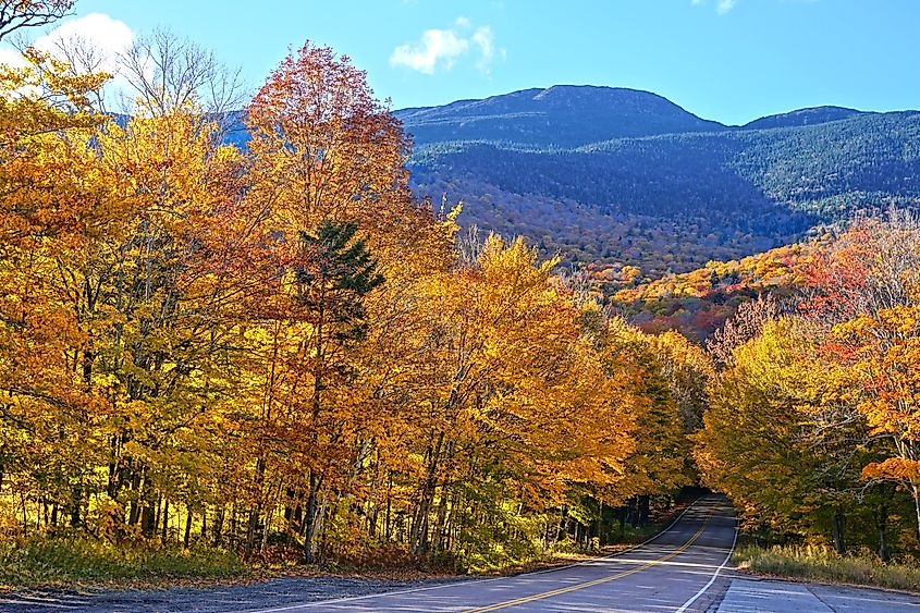 Fall colors at the start of Smuggler's Notch in Vermont.