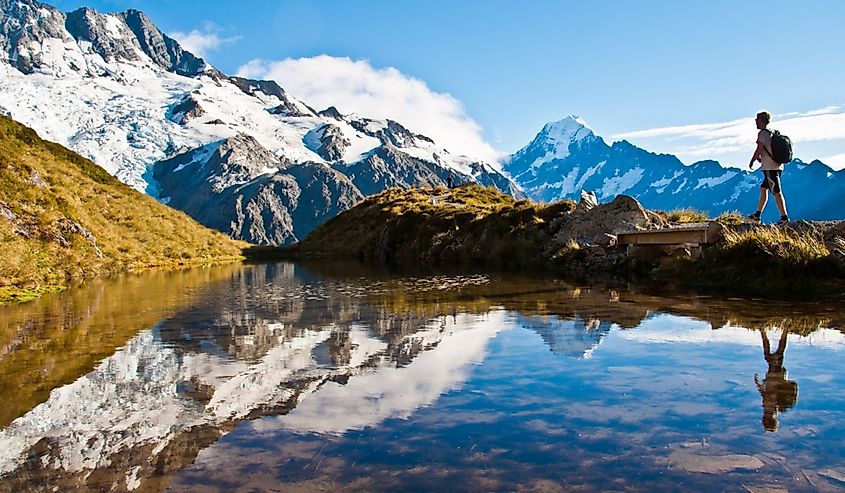 Hiker walking along Mount Cook