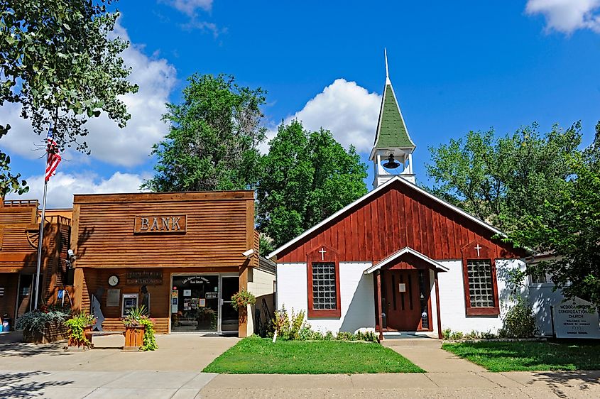 Medora, North Dakota, a gateway town near the Badlands and Theodore Roosevelt National Park, with a rustic charm and scenic backdrop.