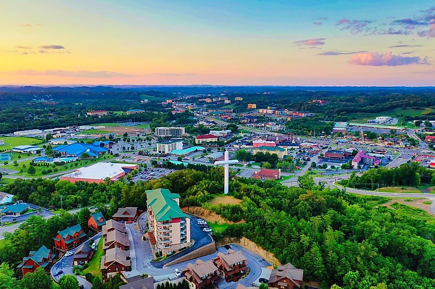 Aerial view of the picturesque Tennessee town of Pigeon Forge.