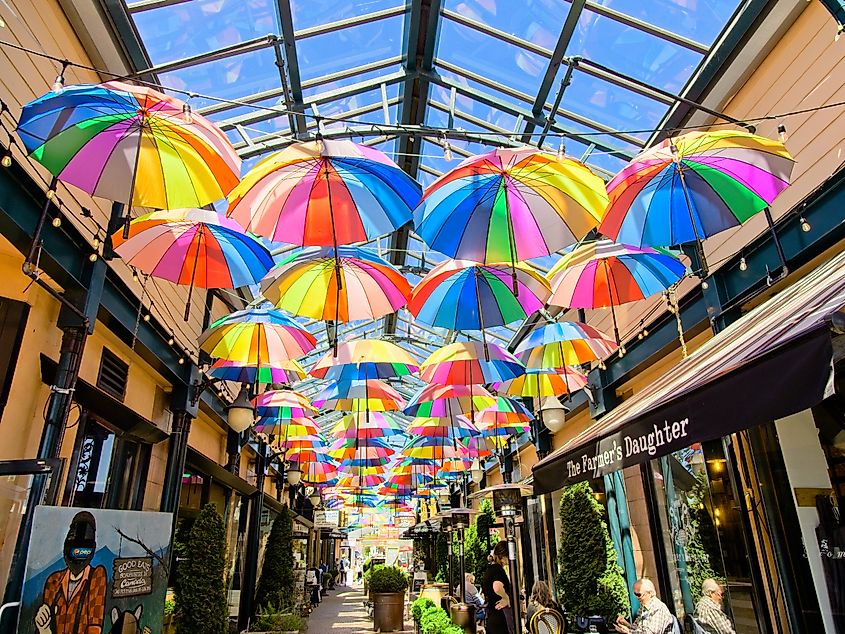 Street gallery of shops covered with glass roof and decorated with colorful umbrellas in Sidney, BC, Canada. Editorial credit: pr2is / Shutterstock.com 