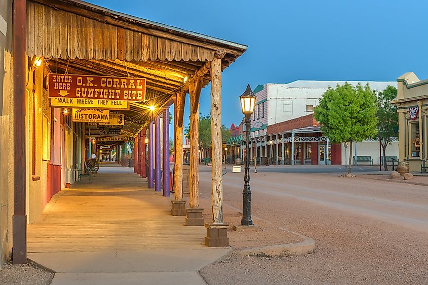 The O.K. Corral Gunfight Site in Tombstone, Arizona, at twilight, known for hosting the most famous shootout in the history of the American Wild West.