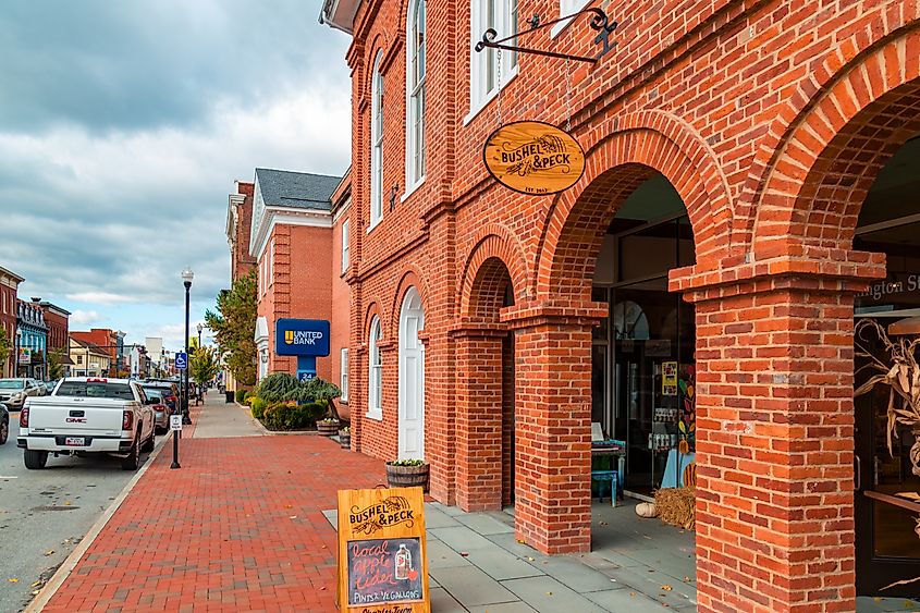 A mix of buildings in the downtown historic area of Charles Town, West Virginia.