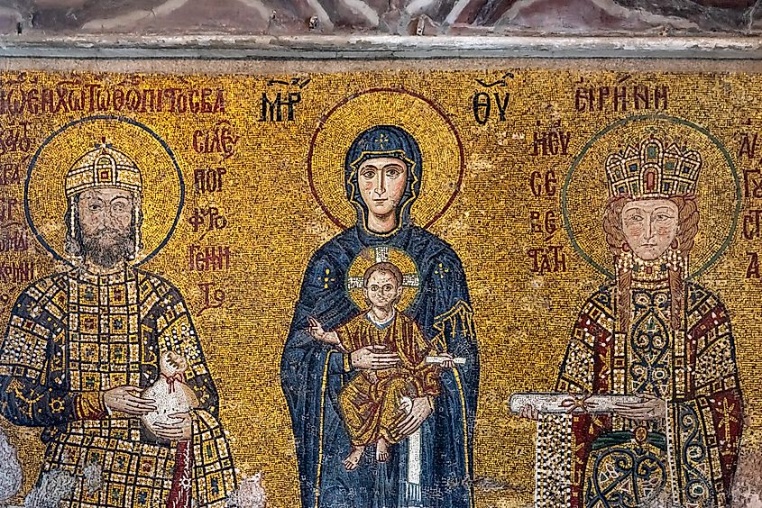 A mosaic from the Hagia Sophia of Constantinople (modern Istanbul), depicting Mary and Jesus, flanked by John II Komnenos (left) and his wife Irene of Hungary (right), 12th century