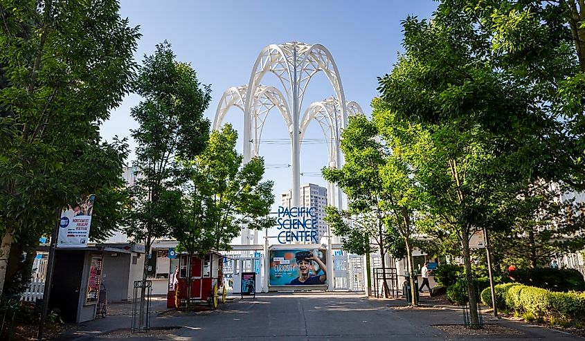 Entrance to the Pacific Science Center located in the Seattle Center area of the Queen Anne neighborhood district of downtown Seattle