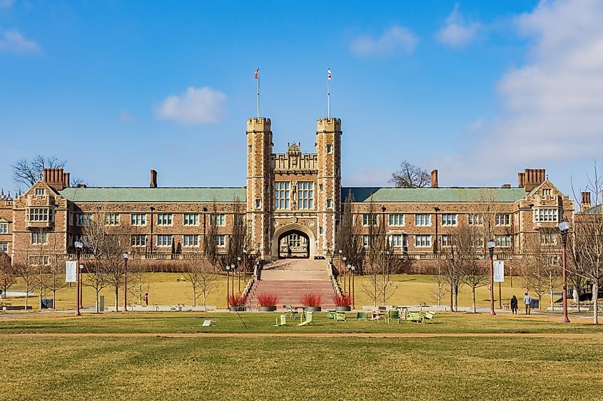 Sunny view of Brookings Hall at Washington University in St. Louis, Missouri.