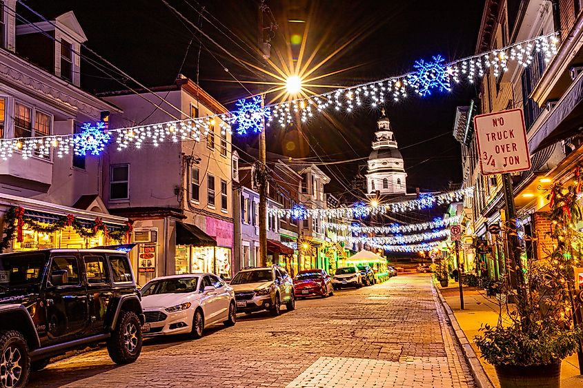 Annapolis, Maryland USA - December 13, 2020: holiday lights on Maryland Avenue with the state house in the background