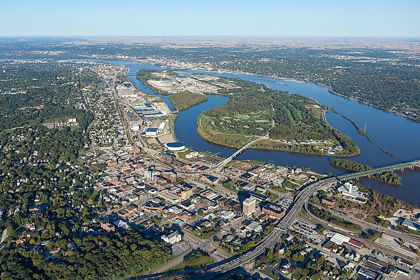 Aerial view of Moline, Illinois, part of the Quad Cities metropolitan area, with Rock Island, Davenport, and Bettendorf in Iowa, USA.