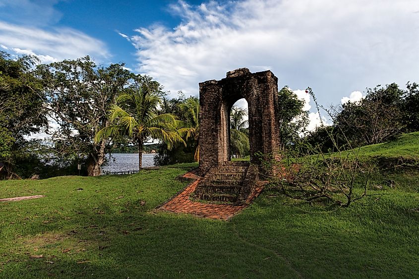 The entrance gate is all that remains of Fort Kyk-Over-Al, a small Dutch fort built in 1616 on an island near the confluence of the Mazaruni, Cuyuni, and Essequibo rivers in Guyana.