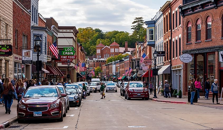 View of Main Street in the historical downtown area of Galena, Illinois.