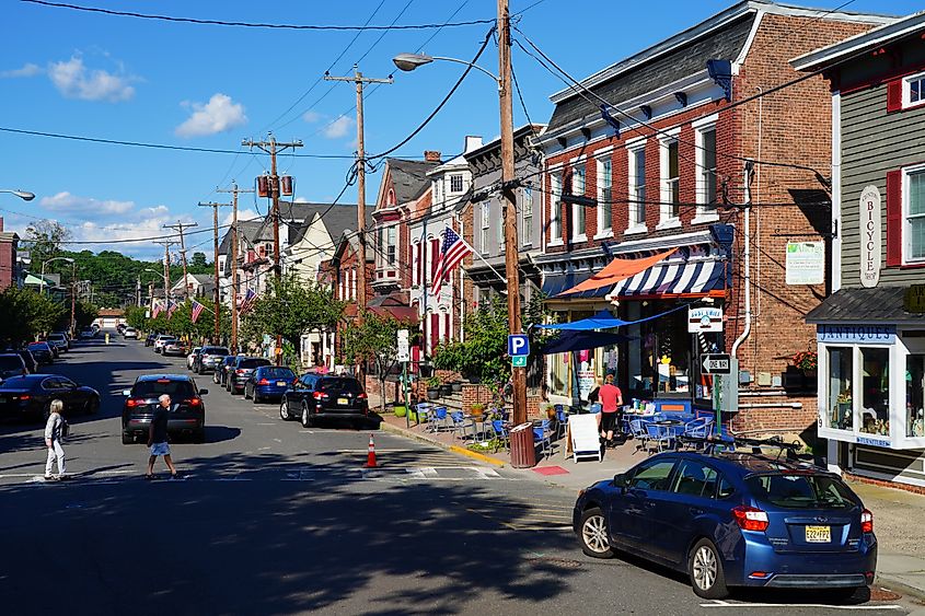 View of buildings in the downtown historic district of Clinton, New Jersey.