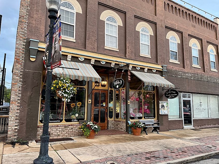 Shops and restaurants in downtown Tuscumbia, Alabama.