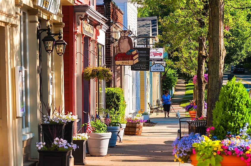 Quaint shops and businesses dating back more than a century line Hudson's Main Street looking north.