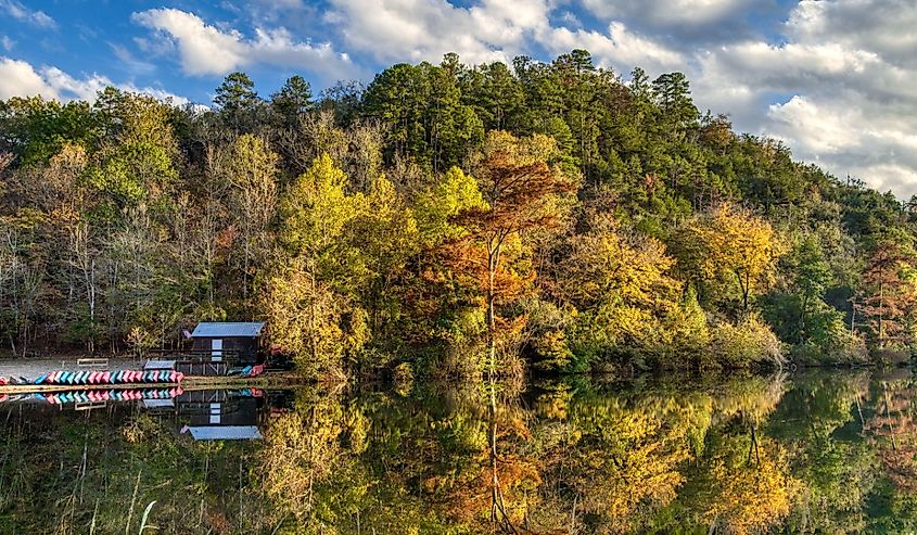 Autumn trees reflected in the water in the Beavers Bend State Park, Oklahoma.