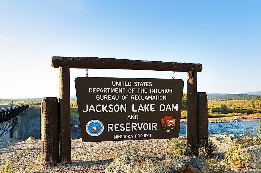 Sign of Jackson Lake Dam and Reservoir in Alta, Wyoming