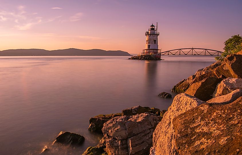 Sleepy Hollow lighthouse, in New York State's Hudson Valley, viewed at sunset.