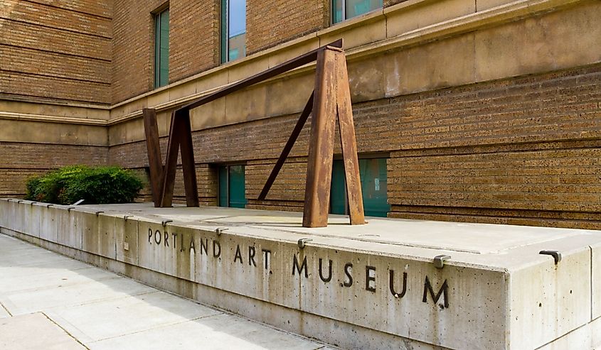 Portland Art Museum sign outside the well known brick building in downtown Portland, Oregon.