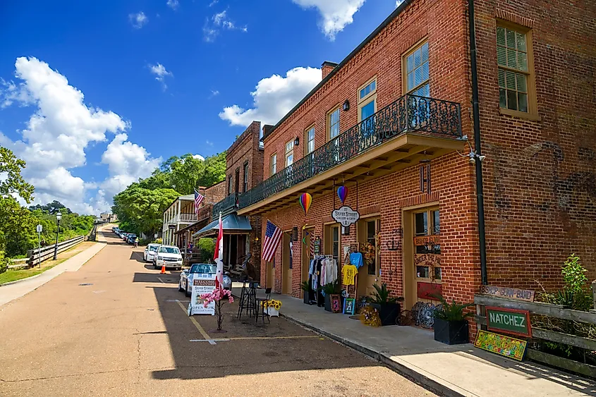 A charming tourist shopping area in Natchez, Mississippi, located at the southern end of the Natchez Trace. 